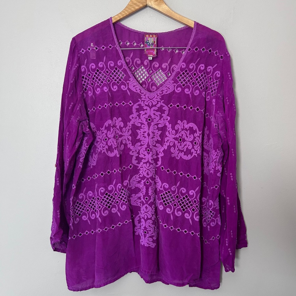 Johnny Was Tunic Womens XXL Purple Cupra Rayon Embroidered V Neck Boho Blouse
